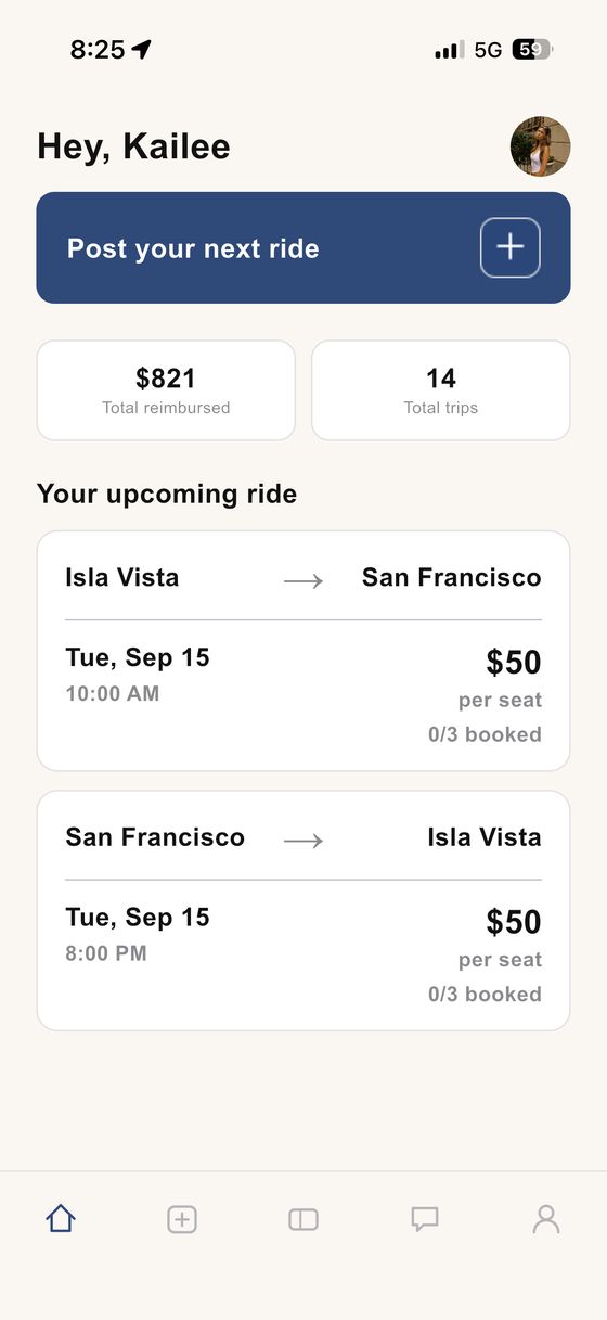 The SideCar app showing upcoming trips between Isla Vista and San Francisco