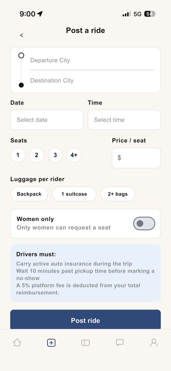 Post a ride screen with route, date, seats, luggage, a women-only toggle and the driver requirements