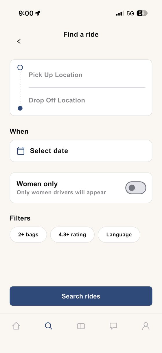 SideCar search screen with pick up and drop off, date, a women-only toggle and filters for bags, rating and language
